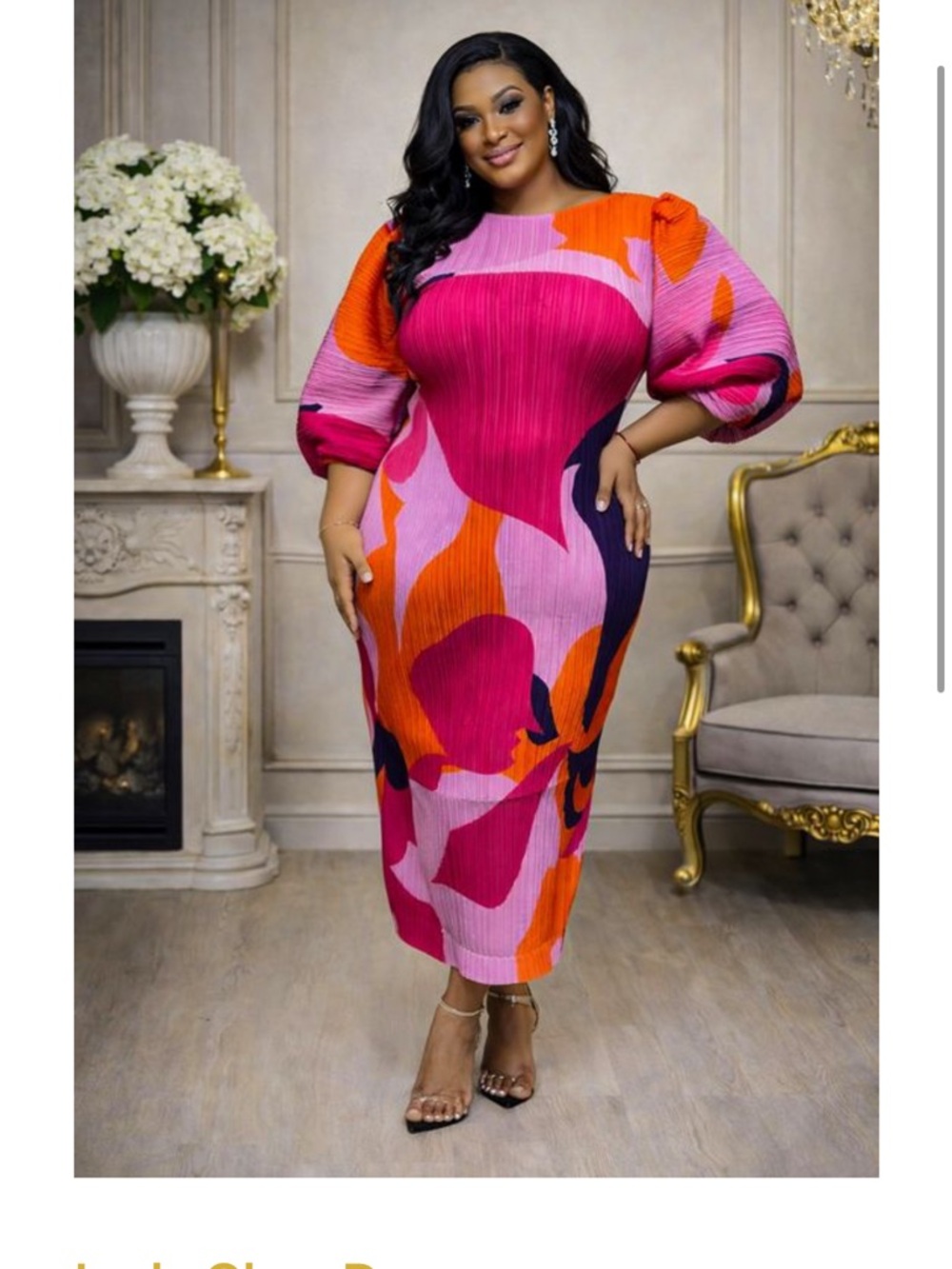 Plus-Size Pink & Orange Abstract Midi Dress